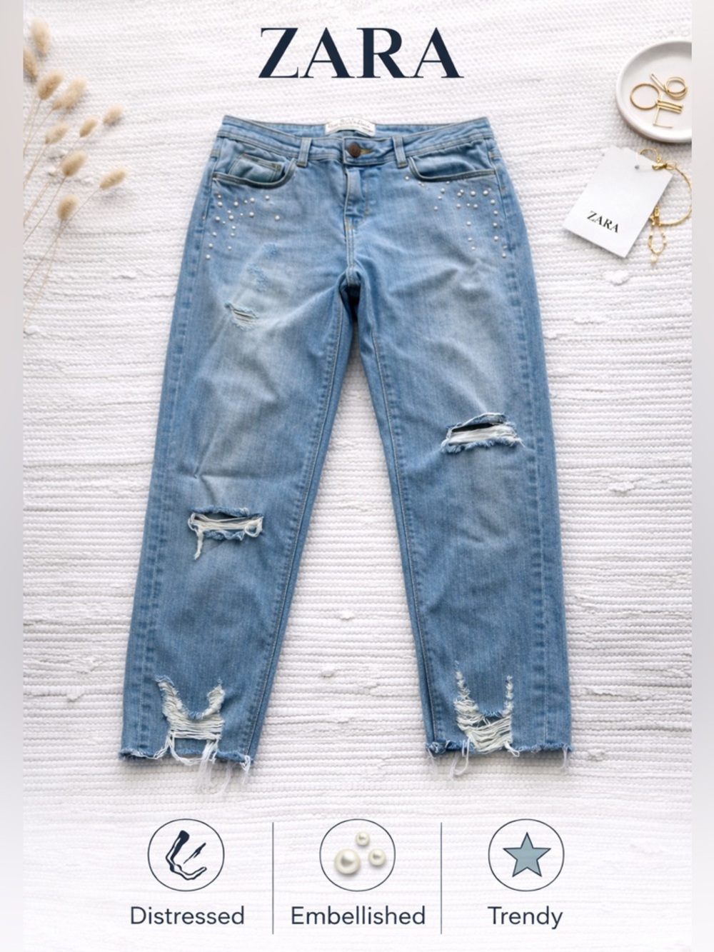Zara Embellished Distressed Jeans Sz 4 Studded Light Wash Denim